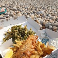 Vegan 'fish' and chips with tempura samphire and vegan tartar sauce at Chesil Chippie in Portland