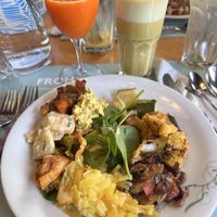 savoury food + mexicano juice & turmeric latte  at Tibits in Basel