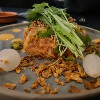 Camion gekapt tartaar - crispy onions - sriracha veganaise - pickle - fermented mustard seeds - green salad at Camion in Antwerpen