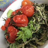 Beluga lentil salad, zucchini, grilled tomato, hempseeds at Camion in Antwerpen
