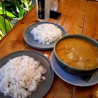 Yellow curry and 2 rice 140 bath at Friendship Concept in Pai