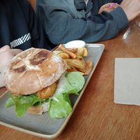'vish' burger and chips, delicious at Halo in Queenstown