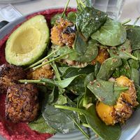 Pumpkin, chick pea and avocado bowl with beetroot hummus.  at Press in Dubbo