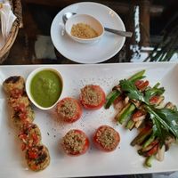 Veggie platter with vegan "parmesan alterative" (ground nuts etc) at Forest & Plate in Kathmandu