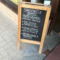 outside board at Sandford's Bakery in Great Torrington