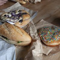 Vegan sandwhich, focaccia and doughnut. at Fergbaker in Queenstown