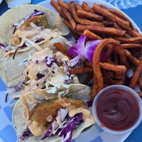 Avocado tacos and sweet potato fries. at Steve's Steakhouse in Santa Catalina Island