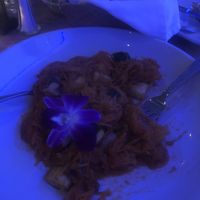 Spaghetti Squash dinner under interesting lighting  at Steve's Steakhouse in Santa Catalina Island