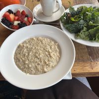 Oatmeal greens and fruit for breakfast  at Ravens' Restaurant in Mendocino