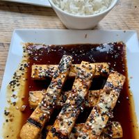 Maple Tamari glazed tofu  at Ravens' Restaurant in Mendocino