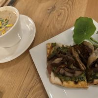 Mushroom chowder and pesto pizza  at Ravens' Restaurant in Mendocino