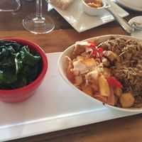 Pulled mushrooms with Hawaiian style tofu confit and Swiss chard. at Ravens' Restaurant in Mendocino