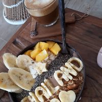 Coco bowl and almond milk latte at Beach Coconuts Bowls in Koh Phangan