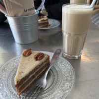 Carrot cake and dirty chai iced oat milk latte   at La Popote D'Ondine in Nice