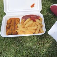 Curry wurst + old school sauce + pommes  at Best Worscht In Town - Schweizer in Frankfurt