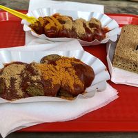 Vegan sausage with sauce number 7 on the menu chosen  at Best Worscht In Town - Schweizer in Frankfurt
