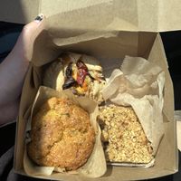 Tomato basil galette, cheddar scallion corn muffin, raspberry oat bar at Kitchen & Coffee in Beacon