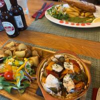 Vegetable strudel and fish and chips  at Green Loft in Northampton