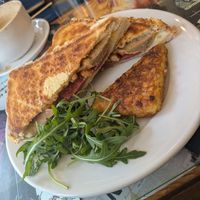 "Veggie breakfast toastie" with vegan sausage, vegan bacon, vegan cheese and beans. at FortyFive in York