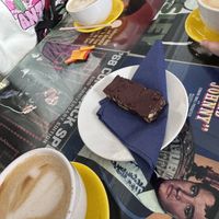 Oat latte and vegan brownie   at FortyFive in York