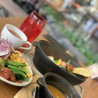 Lunch meal with salad buffet plate, soup, tea and water at Terra in Sapporo