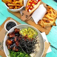 “Terinoko” bowl (10,900CLP), completo (4,000CLP) and empanada (3,800) - tan rico!!  at Desde la RAIZ in La Serena