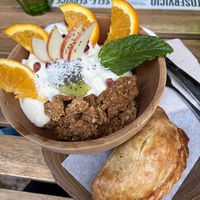 Vegan yoghurt bowl with vegan empanada   at Jester in Sevilla