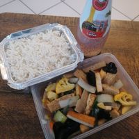 Tofu and vegetables in mushroom sauce, with rice at Khao Thip in Nancy