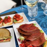 Bruschetta, vegan meat slices, carprese sandwich.  at Café Caso in Capri