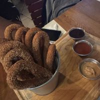 Las Tucitas - Mini Churros (10 per order) -  Vegan. Peanut Butter and Strawberry Jelly (vegan) and condensed milk dippings  at La Romántica in Puerto Vallarta