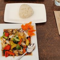 Ginger stir fry vege (minus the tofu!!!) & rice. at Green's in Paihia