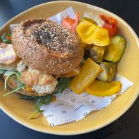 Tofu sandwich with extra tofu and grilled vegetables. at Roots LaMarca in Madrid