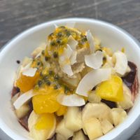 Tropical açai bowl with macadamia butter  at Top Shop in Byron Bay
