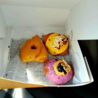 Glazed, on&J and passion fruit donuts (the only fully vegan that day) at Kudough's Donuts in San Juan