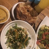 Indian Naan + Lentil Daal + avocado salad + spinach sauté (~12.000 TSH)  at Lukmaan in Zanzibar
