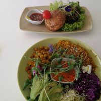 Buddha bowl and burger at Vegessence in Belgrade