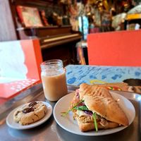 ciabatta sandwich + cookie + iced latte at Eva B Bistro & Bar in Montreal