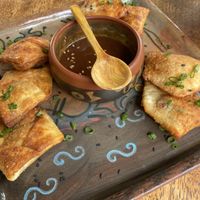 Vegetable dumpling with a homemade sauce that’s to die for  at Kampu in Urubamba