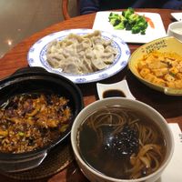 Eggplant, dumplings, broccoli, mapo tofu, udon at Su Ming Xiang in Qingdao