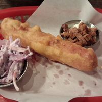 My first (and last) corn dog. at The Glad Cafe in Glasgow