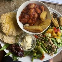 Smokey beans with savoury vegan scone   at Shepley's in Glossop
