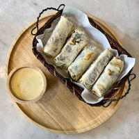 Air-fried (zero oil) sea-blite and wakame spring-roll with passion fruit cashew dip at Tonklar Facai - Chula in Bangkok