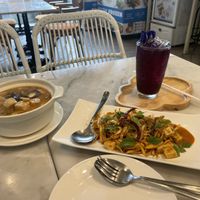 Banana blossom salad, Thai jungle curry and Butterfly pea lemonade.  at Tonklar Facai - Chula in Bangkok