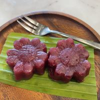 Steamed Banana and beetroot cake  at Tonklar Facai - Chula in Bangkok