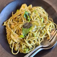 Oyster  mushrooms and edamame spaghetti at Tonklar Facai - Chula in Bangkok