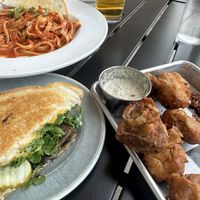Pasta marinara, mushroom melt sandwich and mushrooms with horseradish dip.   at Collision Brewing Company and Restaurant in Longmont