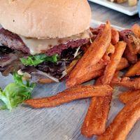 Impossible Burger with sweet potato fries and FYH pepper jack at Collision Brewing Company and Restaurant in Longmont