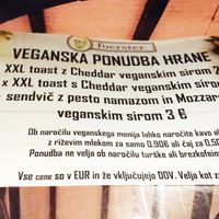 Vegan food options: XXL toast with cheddar vegan cheese and pesto spread sandwich with mozzarella vegan cheese. They also offer coffee or cocoa with rice mylk. at Foerster Bar in Ljubljana