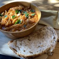 Sauerkraut stew with potatoes and smoke tofu at Veganika in Ljubljana