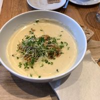 garlic soup with roasted pears and walnuts at Veganika in Ljubljana